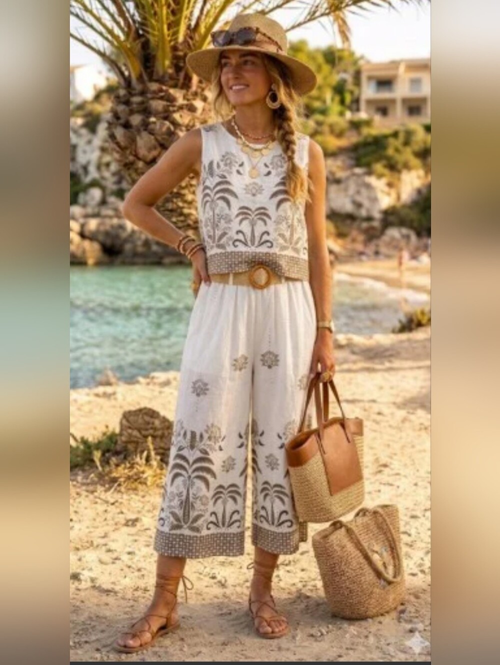 Women's Cream Wide-Leg 2pc Set with Brown Botanical Border